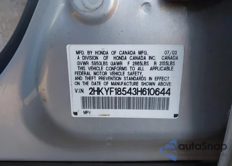 2003 Honda Pilot Ex-L from USA, damaged, VIN 2HKYF18543H610644